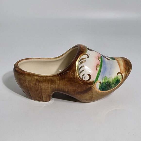 Hand Painted Ceramic Dutch Clog Whindmill Planter Shoe Brown Gold Vintage Japan - Picture 3 of 10